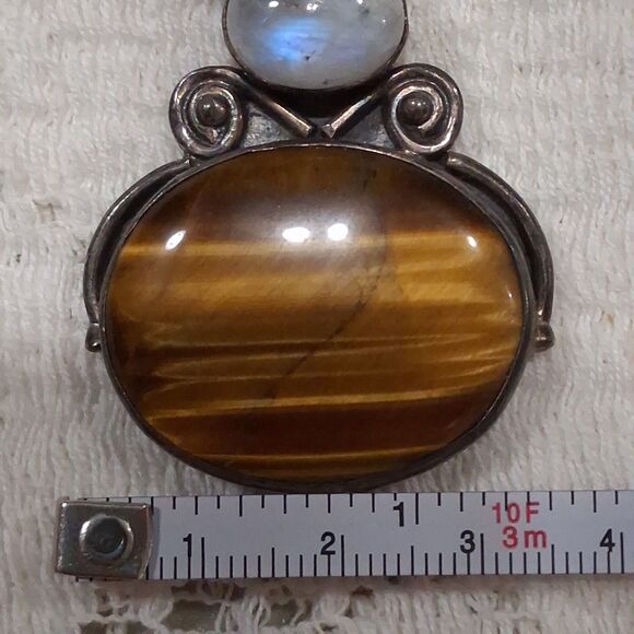 Vintage 925 Silver Real Tiger Eye & Moonstone Gemstone Oval Pendant Boho Hippie - Picture 14 of 16